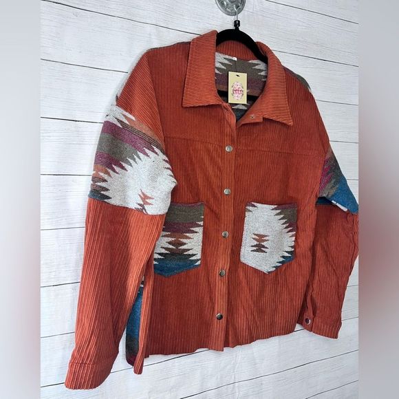Boutique Brand Brown Button Down Aztec Patchwork Corduroy Jackets Front Pockets - Picture 2 of 9
